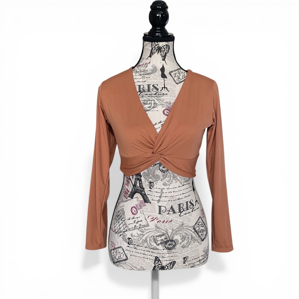 Pechee‎ Bum Crop Top Women Large Brown Twist Front Long Sleeve V-Neck Athleisure